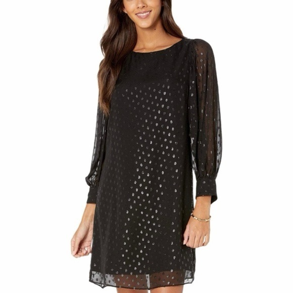 Lilly Pulitzer Womens Maisel Silk Polka Dot Metallic Shift Mini Dress Sz 4 Black - Picture 1 of 6